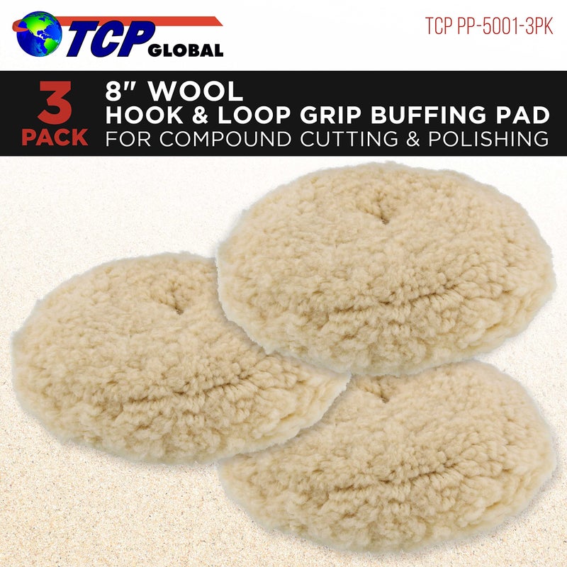 TCP Global 8" 100% Wool Polishing & Buffing Pad (3 Pack) with Hook and Loop Backing - Wool Buffing Pad for Automotive, Marine, Truck, RV & Compound Cutting - Image 2